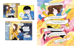 Love Languages by James Albon interior pages of a tall white British woman and short Asian woman walking together; then British woman feeling swept out of control