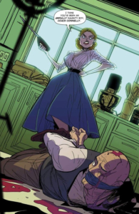 Mommy Blog comic interior page writer Marguerite Bennett and artist Eleonora Carlini (a 1950's style mother who has a man hogtied and bound)