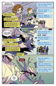 Mommy Blog comic interior page writer Marguerite Bennett and artist Eleonora Carlini (a mother getting psychotic cutting paper garland next to her baby)