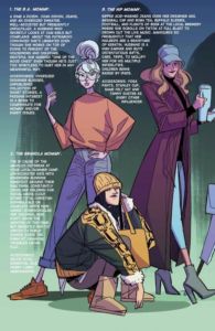 Mommy Blog comic interior page writer Marguerite Bennett and artist Eleonora Carlini (power descriptions of various mother types)