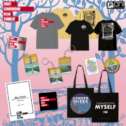 Gender Queer merchandise promo image showing the shirts, keychain, pins, signed side of a print, and tote