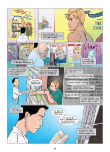 It Rhymes With Takei interior page showing 20-something George at a newstand where tabloids have sensationalized Tab Hunter being gay.