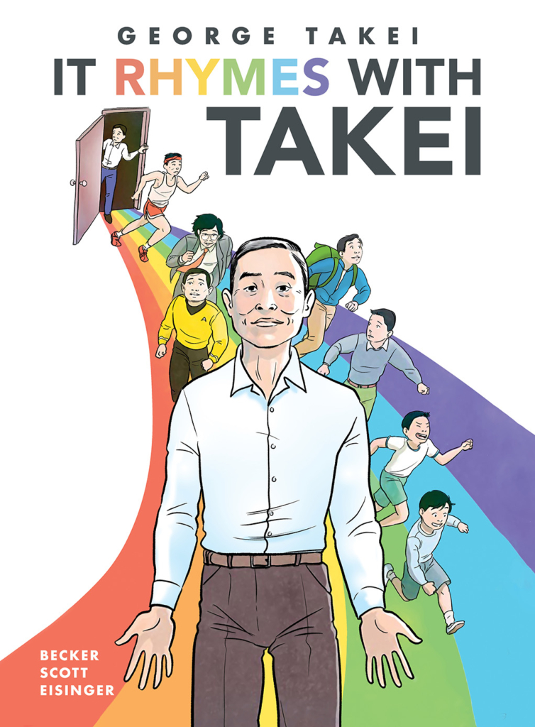 George Takei: It Rhymes With Takei shows George at different ages coming through a door and each version running on a rainbow ending with the oldest George front and center.