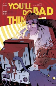 character Seth Holms trying to type his novel on a computer covered in blood and his shirt splattered with it.