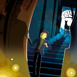 DOWNLANDS cover main character James walking down stairs towards glowing orbs while a hell hound is behind him. Author/Illustrator: Norm Konyu