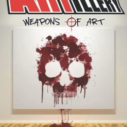 Jimmie Robinson's "Artillery: Weapons of Art" a canvas in a gallery with a bloody skull design and the blood drips down the wall onto the floor.
