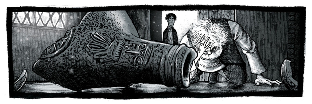 "More Weight" interior page showing Giles Corey on his hands and knees near a broken alcohol bottle; a young boy is behind him in the doorway.