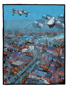 "More Weight" interior page showing a modern day Salen with drones flying over the town.