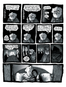 "More Weight" interior page showing Giles Corey in a confessional, priests or officials, then his wife Martha in bed with their son reading him a bedtime story.