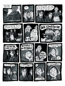 "More Weight" interior page showing a day at the Salem Witch Trials.