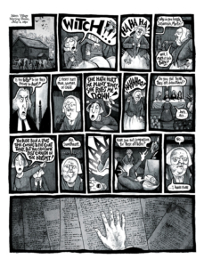 "More Weight" interior page showing a day at the Salem Witch Trials.