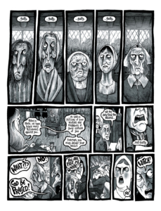 "More Weight" interior page showing a day at the Salem Witch Trials where the accused are declared guilty.