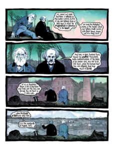 interior page: Henry Wadsworth Longfellow and Nathaniel Hawthorne having a conversation.