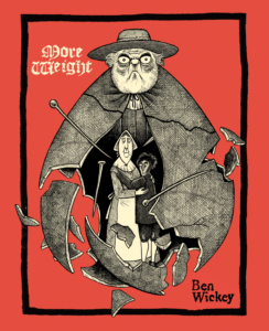 "More Weight" cover with red background and ink art of a broken "egg-shaped" Giles Corey stuck with nails; instead the broken man is a woman and a young boy.