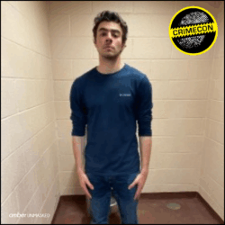 Luigi Mangione evidence, arrest photo by police; CrimeCon circular logo; amberUnmasked logo