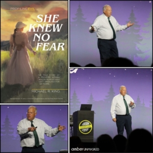 collage: "She Knew No Fear" book cover (a woman facing away in a historical prairie dress outside); Mike King on stage at CrimeCon talking about the LDS cults