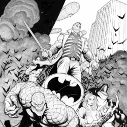 the Batsignal lamp with various characters around it and a plume of smoke, skyscrapers, and two zeppelins