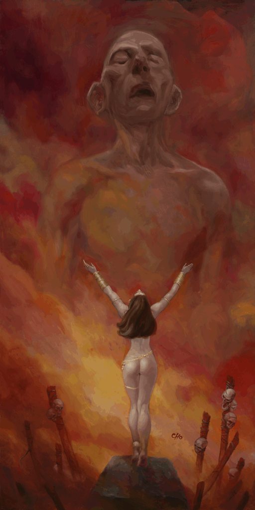 the back of a nude woman reaching her arms open to a godlike naked and bald male godlike figure in fiery smoke