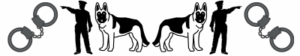 stock illustrations for a decorative divider: handcuffs, silhouette of a police officer pointing, a German Shepherd