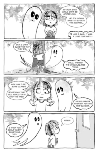 Gracie's Ghost by Dawn Brown interior page; Gracie and her ghost friend talking outside.