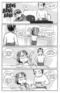 Gracie's Ghost by Dawn Brown interior page; Gracie building tools for her hands to grip on a tree like a squirrel.