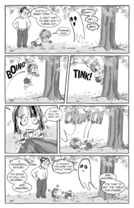 Gracie's Ghost by Dawn Brown interior page; Gracie trying to be a squirrel and climbing a tree.