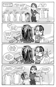 Gracie's Ghost by Dawn Brown interior page; Gracie and her mother shopping for school clothes and disagreeing.