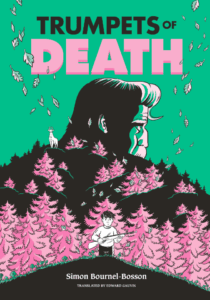 green sky, black mountains and ground, pink tall evergreens. A scary grandfather's profile in mostly shadow peaks the mountains. A white stag stands tall near the top of the mountain dwarfed in size compared the the man. A small boy with a shotgun walks on foot at the bottom of the mountain. Pink leaves are falling over the landscape.