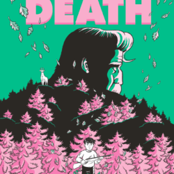 green sky, black mountains and ground, pink tall evergreens. A scary grandfather's profile in mostly shadow peaks the mountains. A white stag stands tall near the top of the mountain dwarfed in size compared the the man. A small boy with a shotgun walks on foot at the bottom of the mountain. Pink leaves are falling over the landscape.