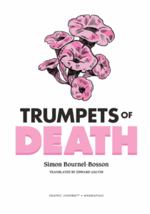 two-color palette of pink shades and black on white background. "trumpets of death" mushrooms at the top with the text below