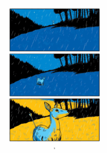 three horizontal panels in tones of only blue, yellow, and black showing a female deer with an arrow stuck in her rump.