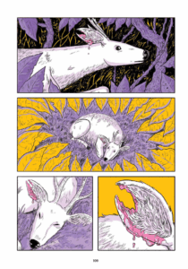 a page shown in violet, yellow, and black of a scared white deer with antlers running through the woods to find a place to rest as its ear bleeds from a fresh injury.