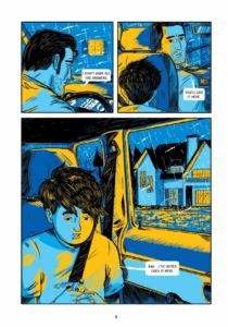 Antoine is being dropped off by his father at his grandparents' house. He tells his father he never liked it there. colors are blues and yellow with black.