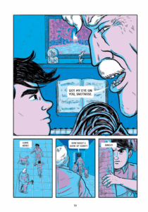 Antoine's abusive grandfather threatens him in front of the piano with the deer painting above it. The old man is holding a leather whip/cat of nine tails type weapon. Antoine is saved by his grandmother. The page is mostly shades of blue with highlights in pink and inks in black.