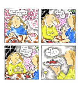 Where there's smoke, there's dinner by Jennifer Hayden interior page of the daughter asks her mother if she cooked that meal with love; the mother smiles while leading up saying no.