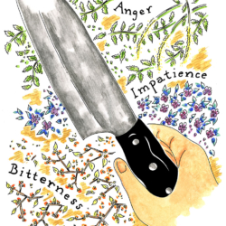 Where there's smoke, there's dinner by Jennifer Hayden interior page of the mother answers that she didn't cook with love. She cooked with anger, impatience, and bitterness. illustration of a hand holding a knife surrounded by beautiful colorful herbs.