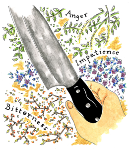 Where there's smoke, there's dinner by Jennifer Hayden interior page of the mother answers that she didn't cook with love. She cooked with anger, impatience, and bitterness. illustration of a hand holding a knife surrounded by beautiful colorful herbs.