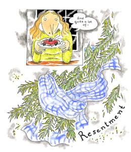 Where there's smoke, there's dinner by Jennifer Hayden interior page of the mother is holding her plate and adds, "and quite a lot of resentment," with an illustration of rosemary wrapped in loose fabric on most of the page.