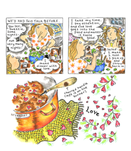 Where there's smoke, there's dinner by Jennifer Hayden interior page of the mother answers the daughter that sometimes her meals are made with love and she pays attention.