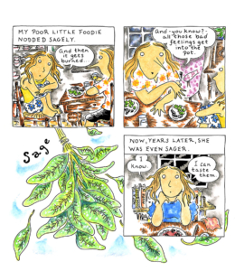 Where there's smoke, there's dinner by Jennifer Hayden interior page of the mother explaining that she doesn't care about cooking, but needs to get anything passing as edible on the table