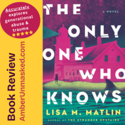 yellow promo square; book review AmberUnmasked.com, "Accurately explores generational abuse & trauma" 5 stars; book cover: "The only one who knows" cover by Lisa M. Matlin; shows a lighthouse in magenta against a dark sky, a person on the shoreline, a black shark fin in the blue-green water; the chunky text has slices through the letters.
