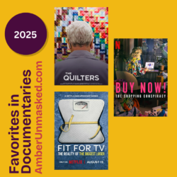 yellow square with promo images from documentaries: The Quilters, Buy Now! The Shopping Conspiracy, and Fit for TV: The Reality of The Biggest Loser