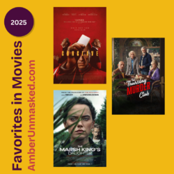 yellow square with promo images for movies: Conclave, The Thursday Murder Club, and The Marsh King's Daughter