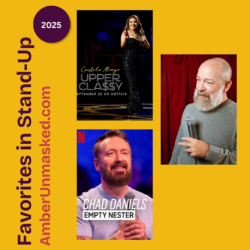 yellow square with promo images for stand-up comedians: Cristela Alonzo, Chad Daniels, and Kyle Kinane