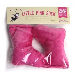 2 catnip-stuffed plush pink socks in package by MUTTS.com Patrick McDonnell