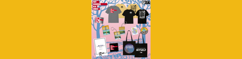 Gender Queer merchandise promo image showing the shirts, keychain, pins, signed side of a print, and tote