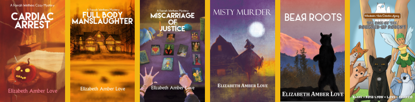 covers of five of Amber's novels and the first issue of the cats' comic book