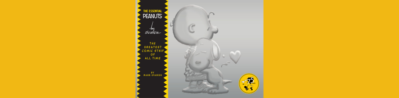 embossed cover of Snoopy hugging Charlie Brown "The Essential Peanuts" by Schulz "The greatest comic strip of all time" by Mark Evanier