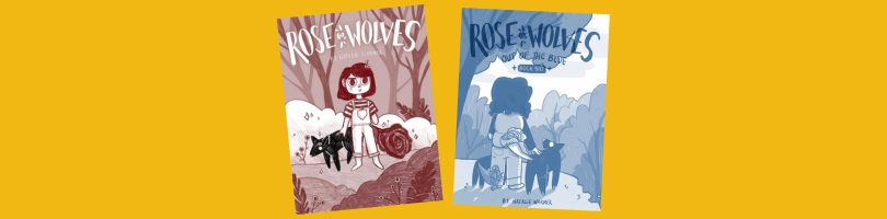 Rose Wolves volume one showing little girl with a black wolf with a rose for a tail; the little girl is missing part of her left arm. Rose Wolves book 2: Out of the Blue shows character looking away into the forest with 2 special, magical rose wolves on either side of them. This book has blue monochrome unlike book one's pinks.