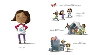 interior double page spread introducing Lou and her friends and how they use their imaginations to play as adventurers, build forts, and play with stuffed animals